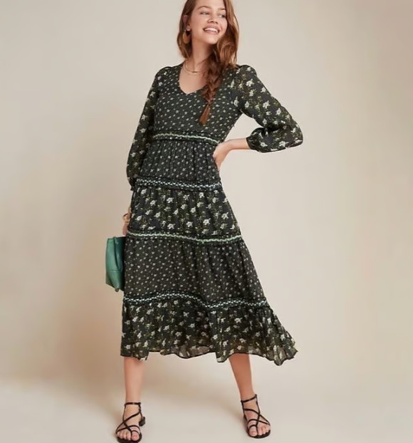 Anthropologie Dresses & Skirts - Anthropologie 0 Petite Karoline Boho Tiered Green and Black Floral Midi Dress